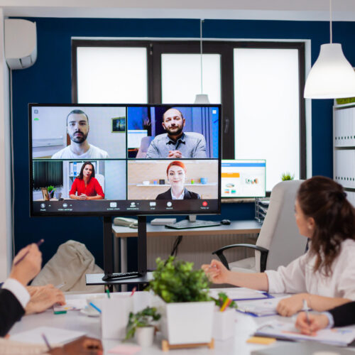 Team working by group video call share ideas brainstorming negotiating use video conference. Business people talking to webcam, do online conference participate internet brainstorming, distance office discussion.