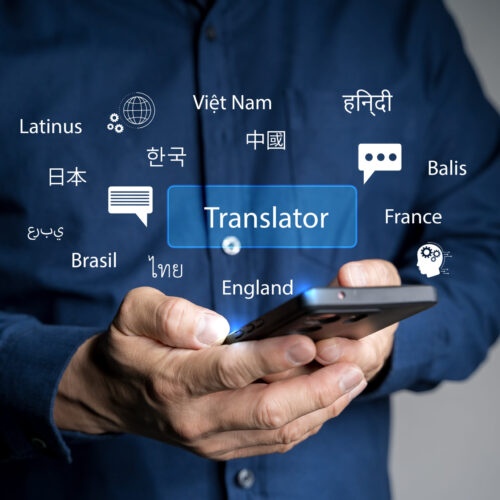 The concept of a program for translating in a smartphone from different languages. Playful Line Illustration for Automatic Translation. Online multi language translator app concept